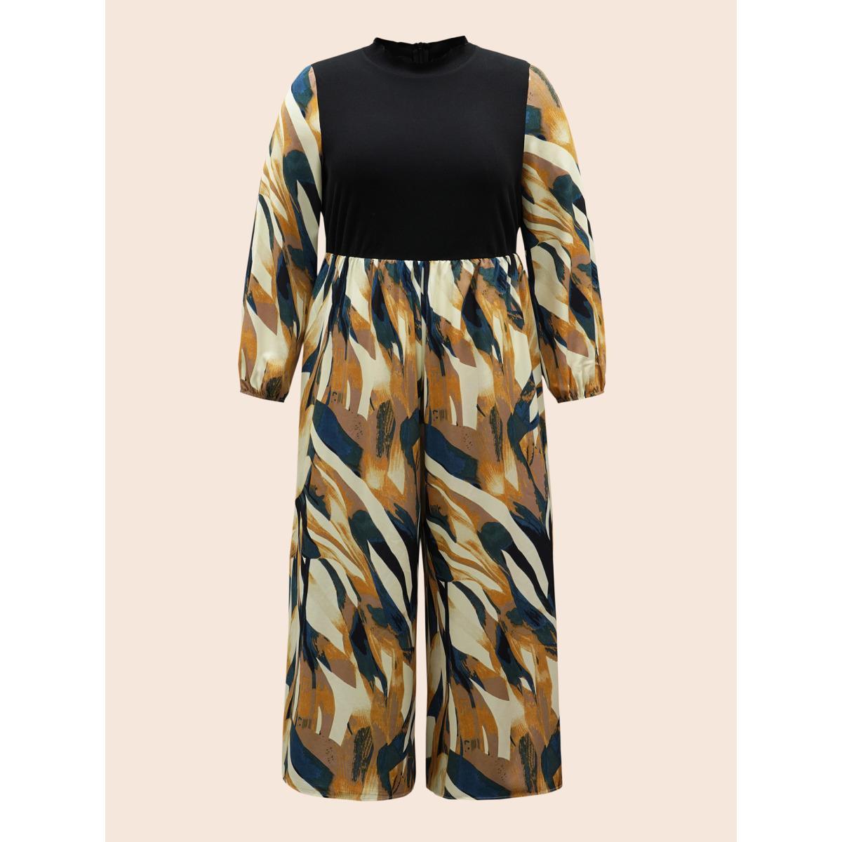 Plus Size Black Mock Neck Brush Print Patchwork Jumpsuit Women Resort Long Sleeve Mock Neck Vacation Loose Jumpsuits BloomChic 28/5X Product Image