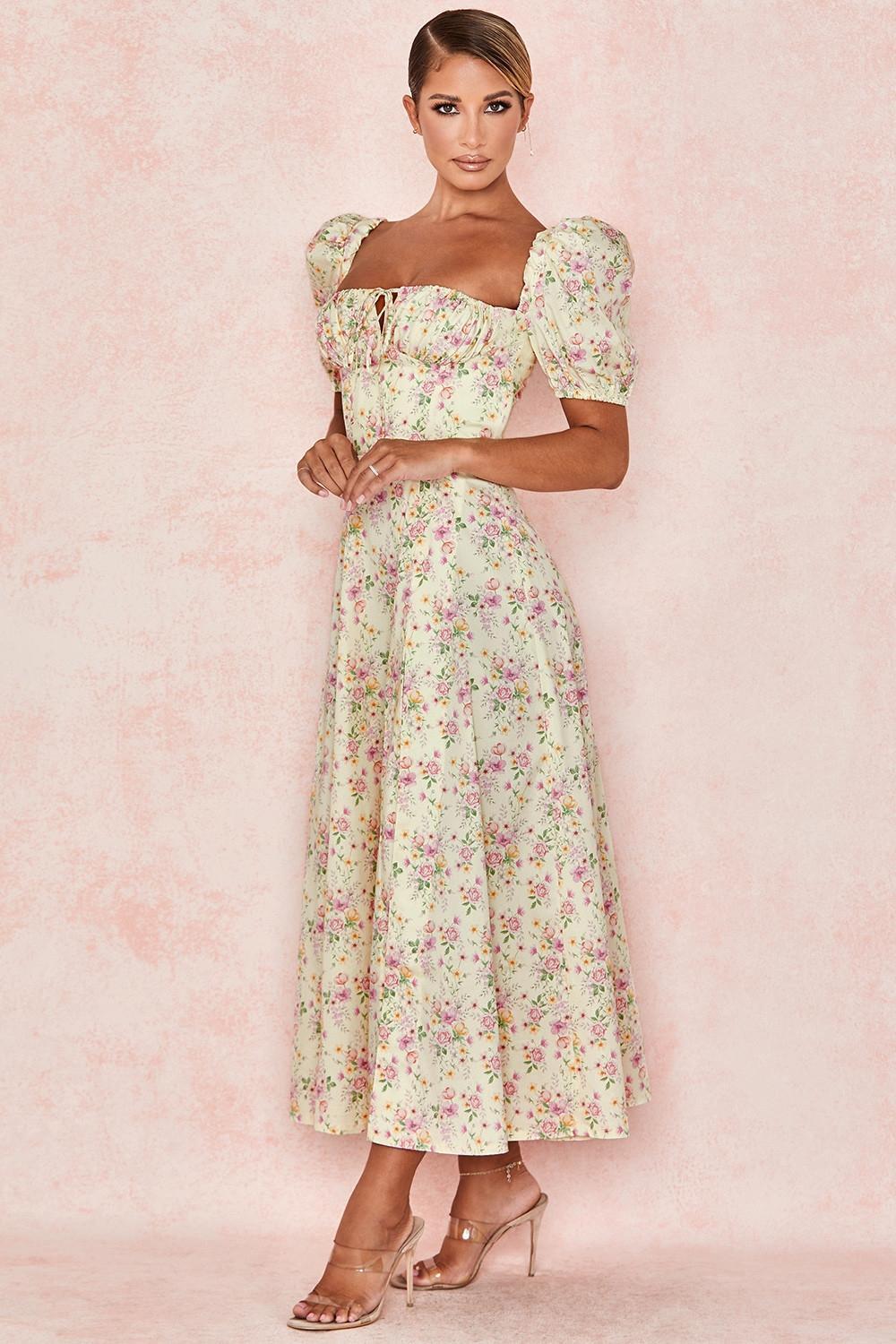 Tallulah Lemon Floral Puff Sleeve Midi Sundress Product Image