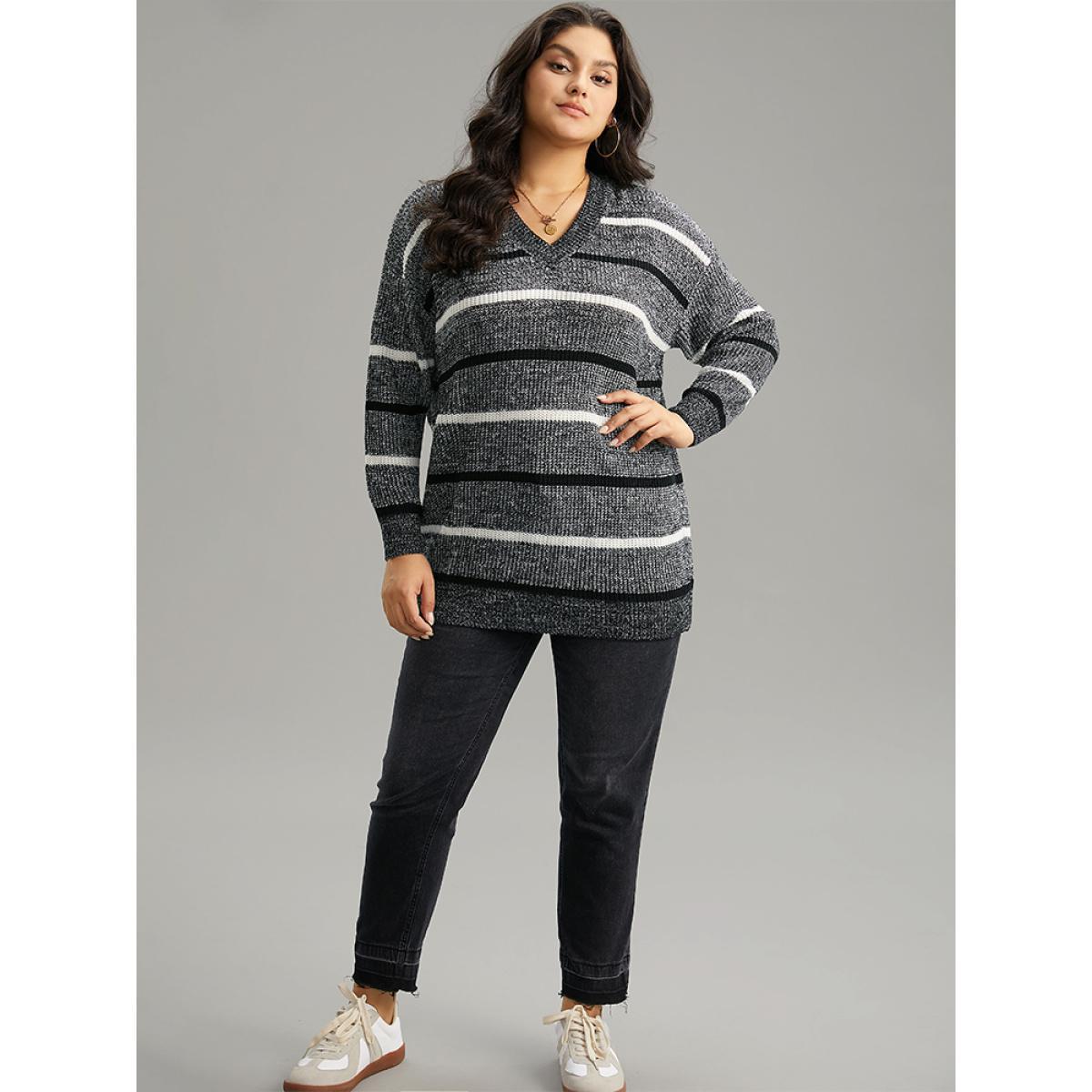 Plus Size V Neck Striped Contrast Heather Pullover Black Women Casual Loose Long Sleeve V-neck Dailywear Pullovers BloomChic 22-24/3X Product Image