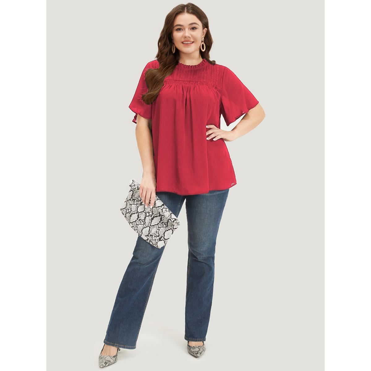 Plus Size Crimson Anti-Wrinkle Shirred Ruffle Sleeve Mesh Frill Trim Blouse Women Office Short sleeve Stand-up collar Work Blouses BloomChic 28/5X Product Image