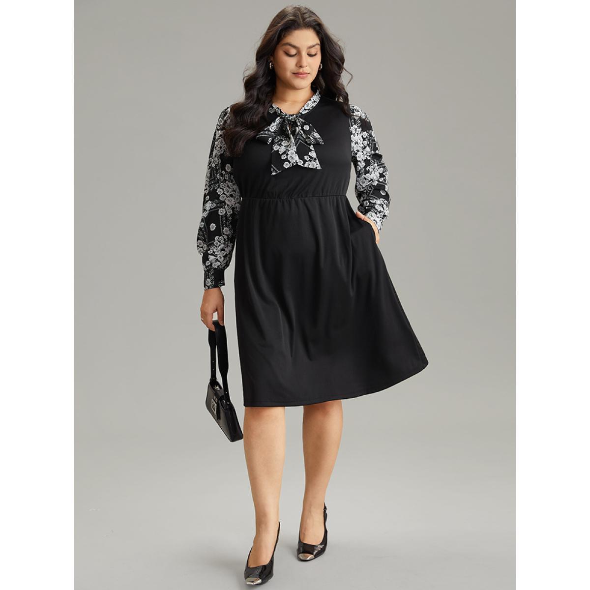 Plus Size Geo Graphic Knot Neck Patchwork Elastic Waist Dress Black Women Office Gathered Tie Neck Long Sleeve Curvy Midi Dress BloomChic 22-24/3X Product Image