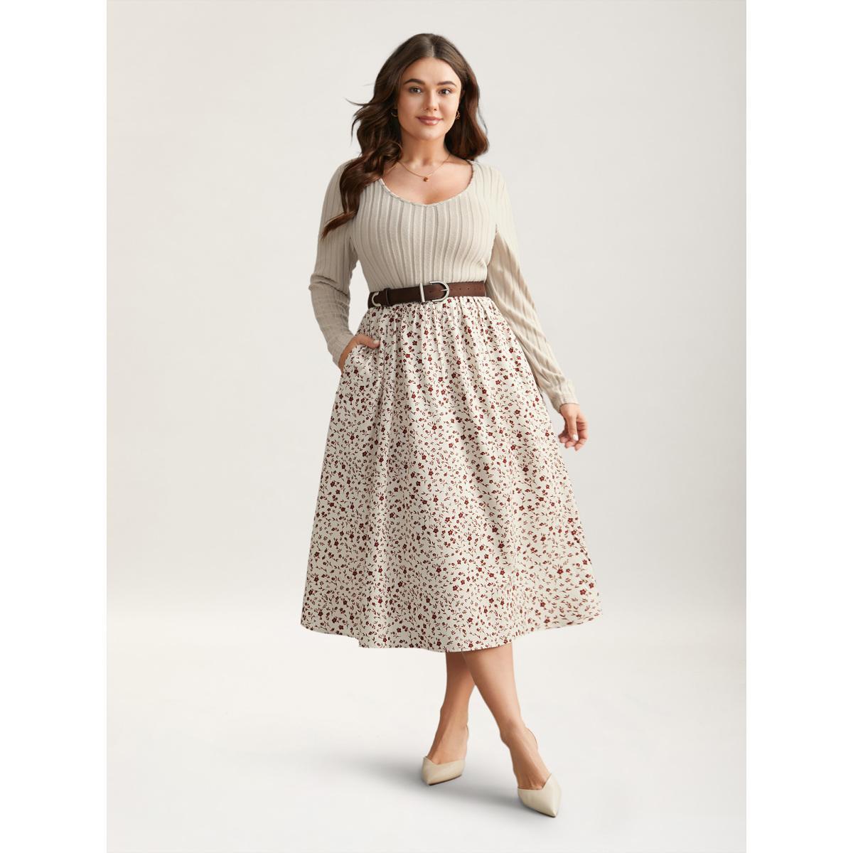 Plus Size Ditsy Floral Patchwork Texture Midi Dress Apricot Women Elegant Texture V-neck Long Sleeve Curvy BloomChic 14-16/1X Product Image