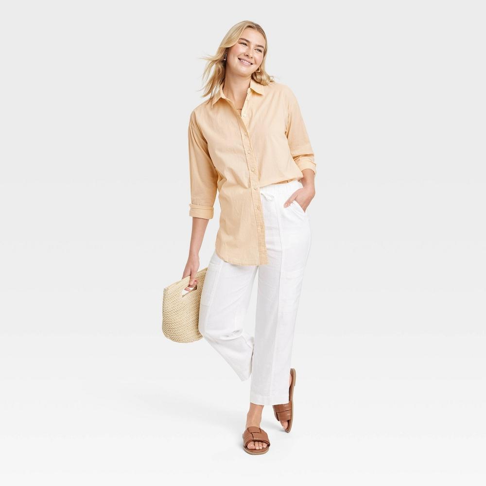 Womens Tunic Long Sleeve Collared Button-Down Shirt - Universal Thread Tan L: Relaxed Fit, Lightweight Cotton Product Image