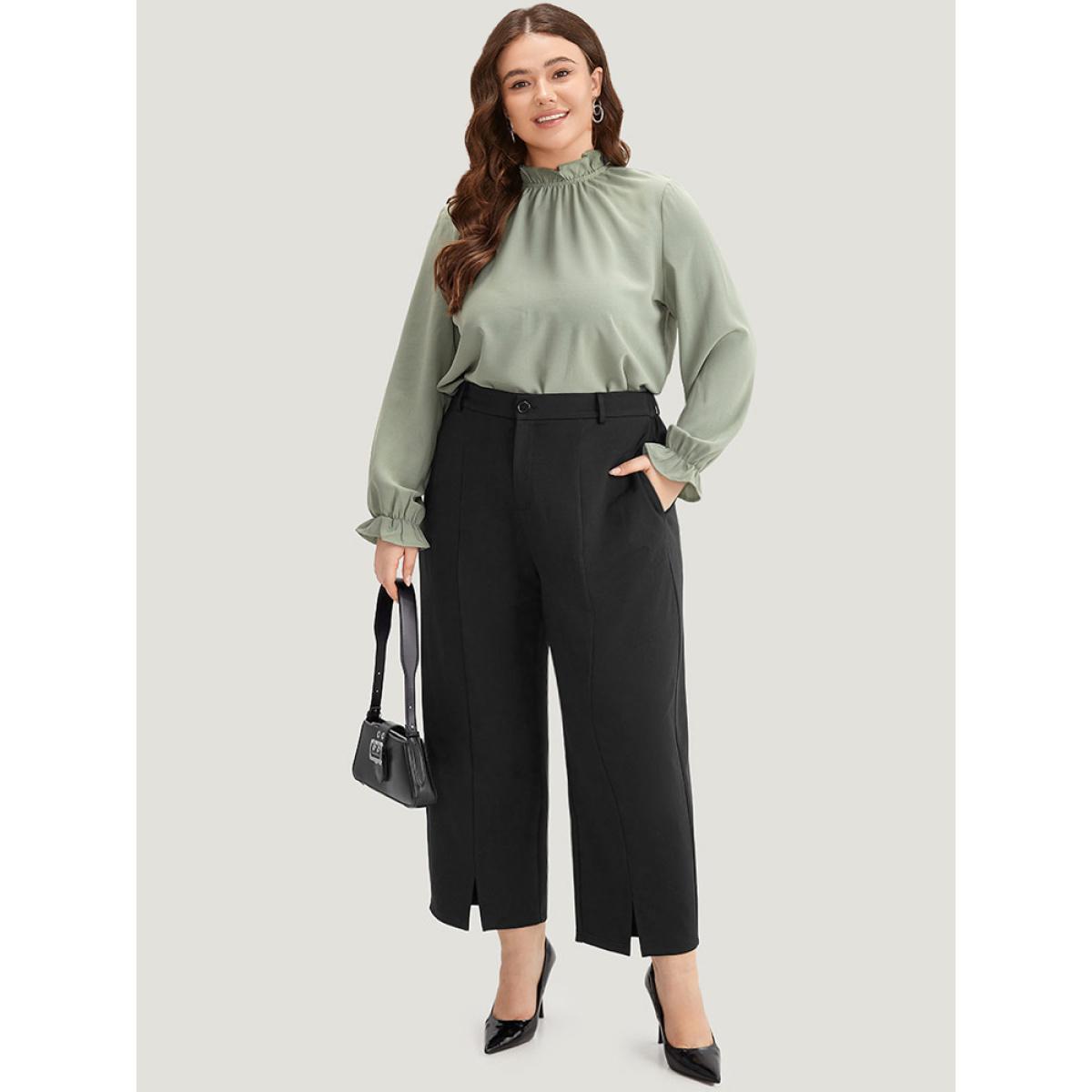 Plus Size Plain Split Front Pleated Pants Women Black At the Office Straight Leg High Rise Work Pants BloomChic 18-20/2X Product Image