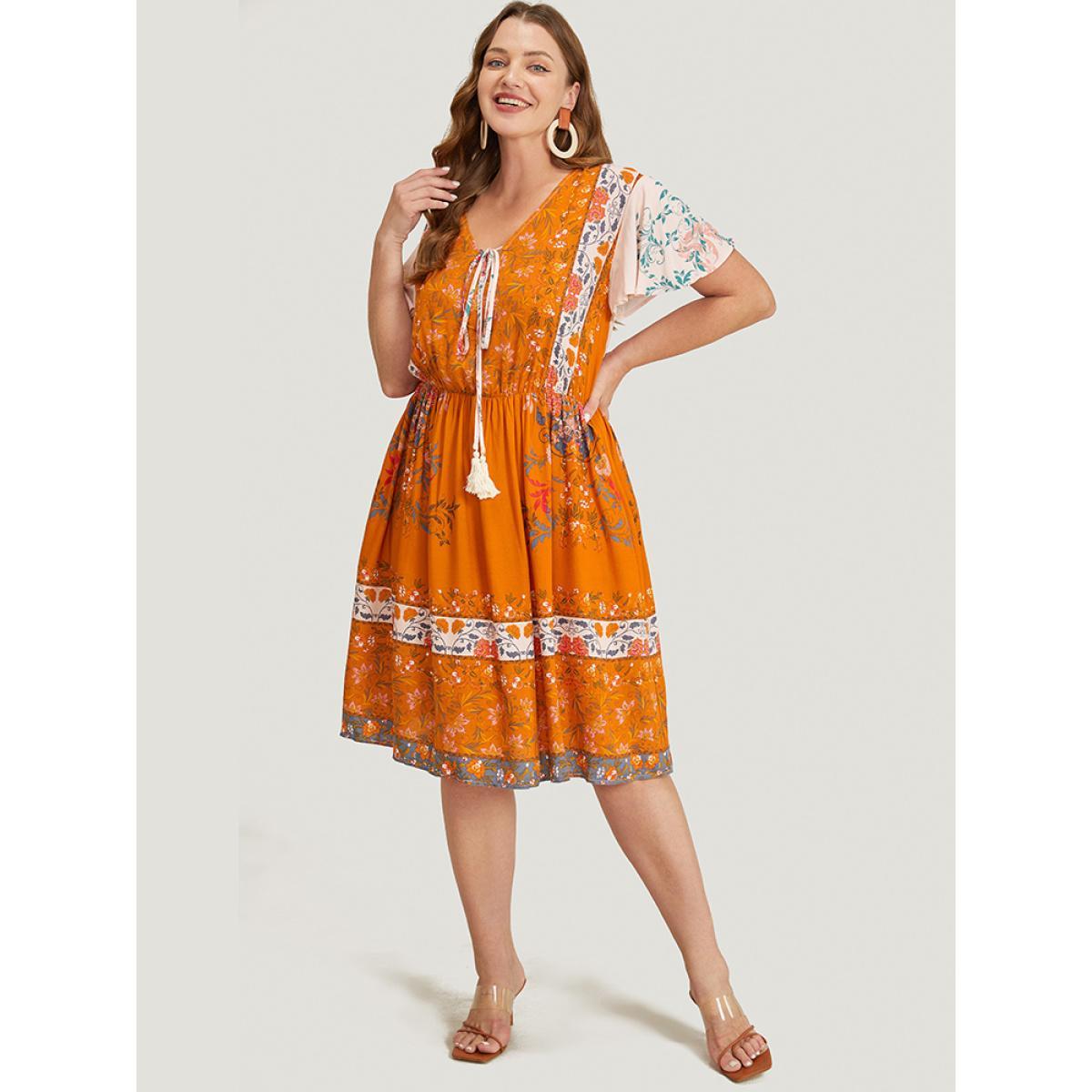 Plus Size Bandana Print Ruffle Sleeve Pocket Tie Neck Tassels Dress Coral Women Vacation Tassels Tie Neck Short sleeve Curvy Knee Dress BloomChic 14-16/1X Product Image