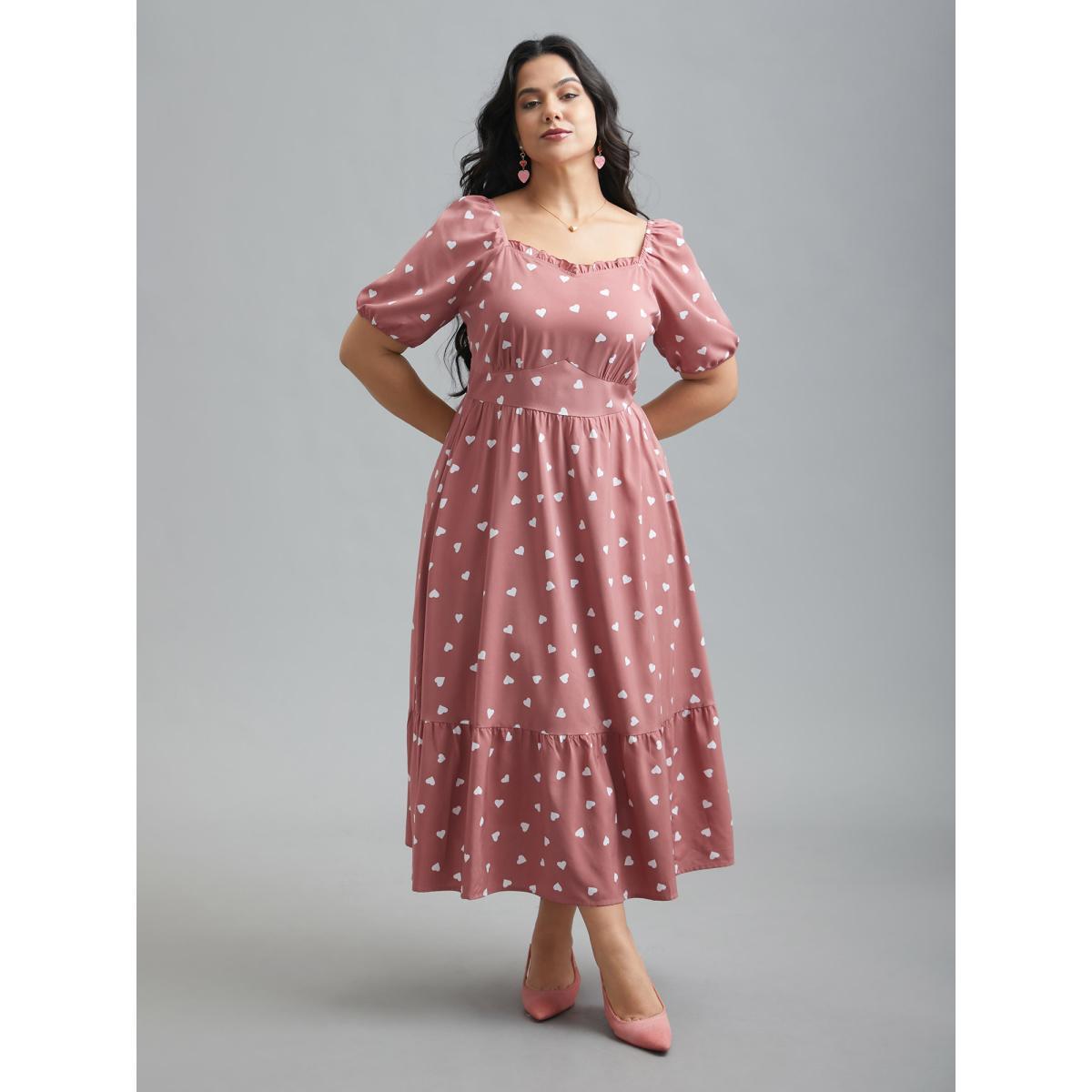 Plus Size Ruffled Stretchy Waist Puff Sleeve Dress DustyPink Women Elegant Gathered Heart neckline Half Sleeve Curvy BloomChic 28/5X Product Image