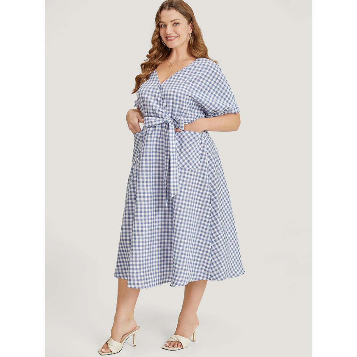 Plus Size Gingham Print Roll Batwing Sleeve Belt Pocket Wrap Dress Stone Women Office Wrap V-neck Short sleeve Curvy Midi Dress BloomChic 26/4X Product Image