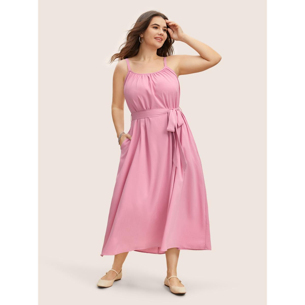 Plus Size Plain Textured Adjustable Straps Belted Dress Blush Women Casual Non Sleeveless Curvy BloomChic 22-24/3X Product Image