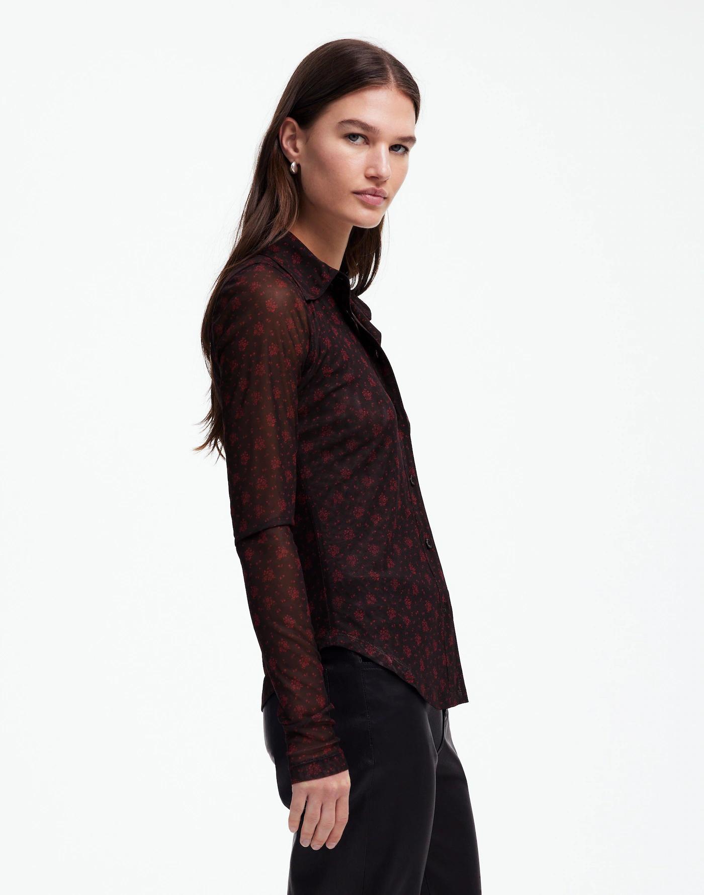 Long-Sleeve Button-Front Top in Floral Mesh Product Image