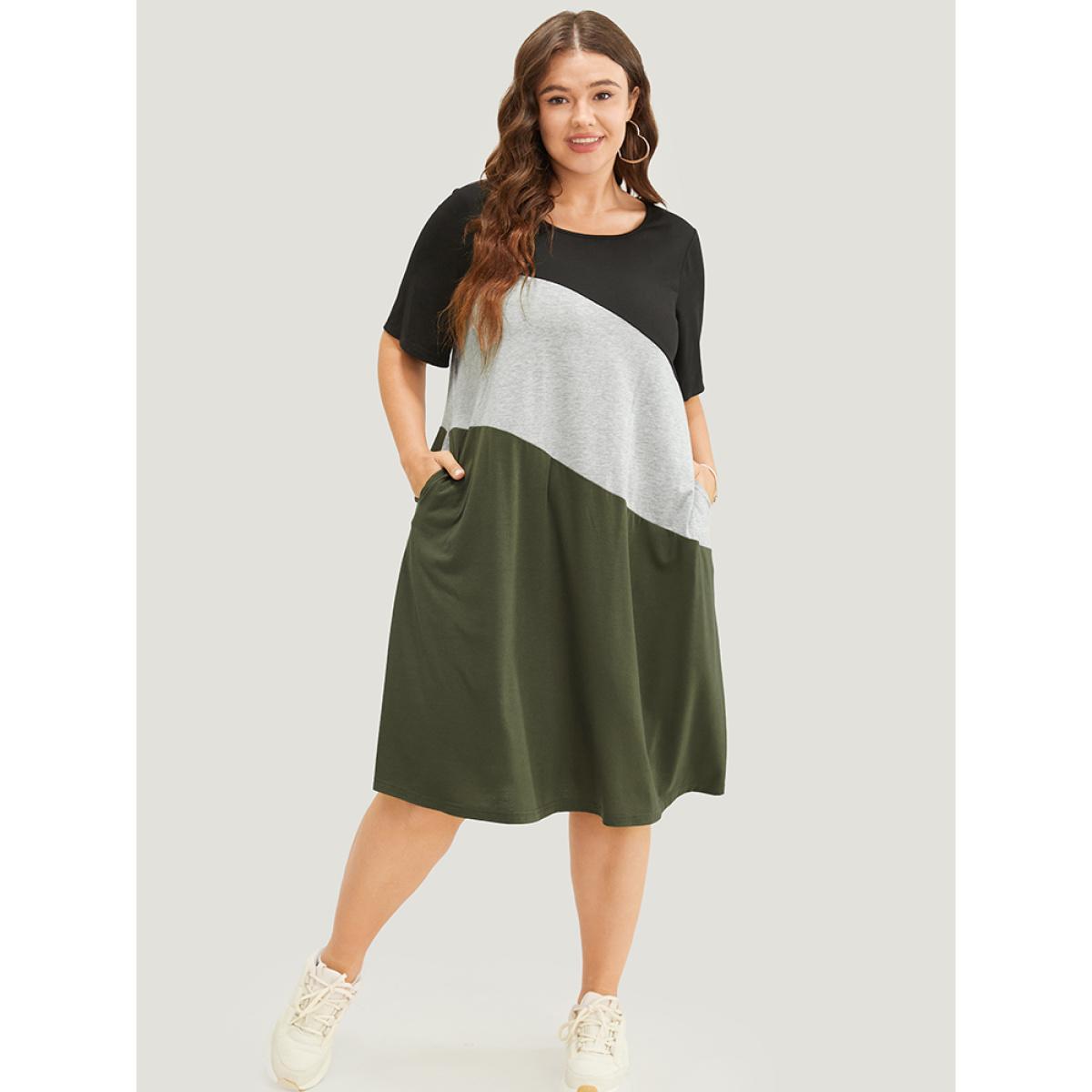 Plus Size Colorblock Contrast Pocket Round Neck Knee Dress ArmyGreen Women Casual Contrast Round Neck Short sleeve Curvy Knee Dress BloomChic 14-16/1X Product Image