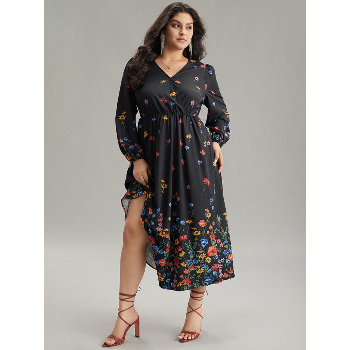 Plus Size Boho Print Overlap Collar Lantern Sleeve Dress Black Women Elegant Elastic cuffs Overlap Collar Long Sleeve Curvy Midi Dress BloomChic 14-16/1X Product Image