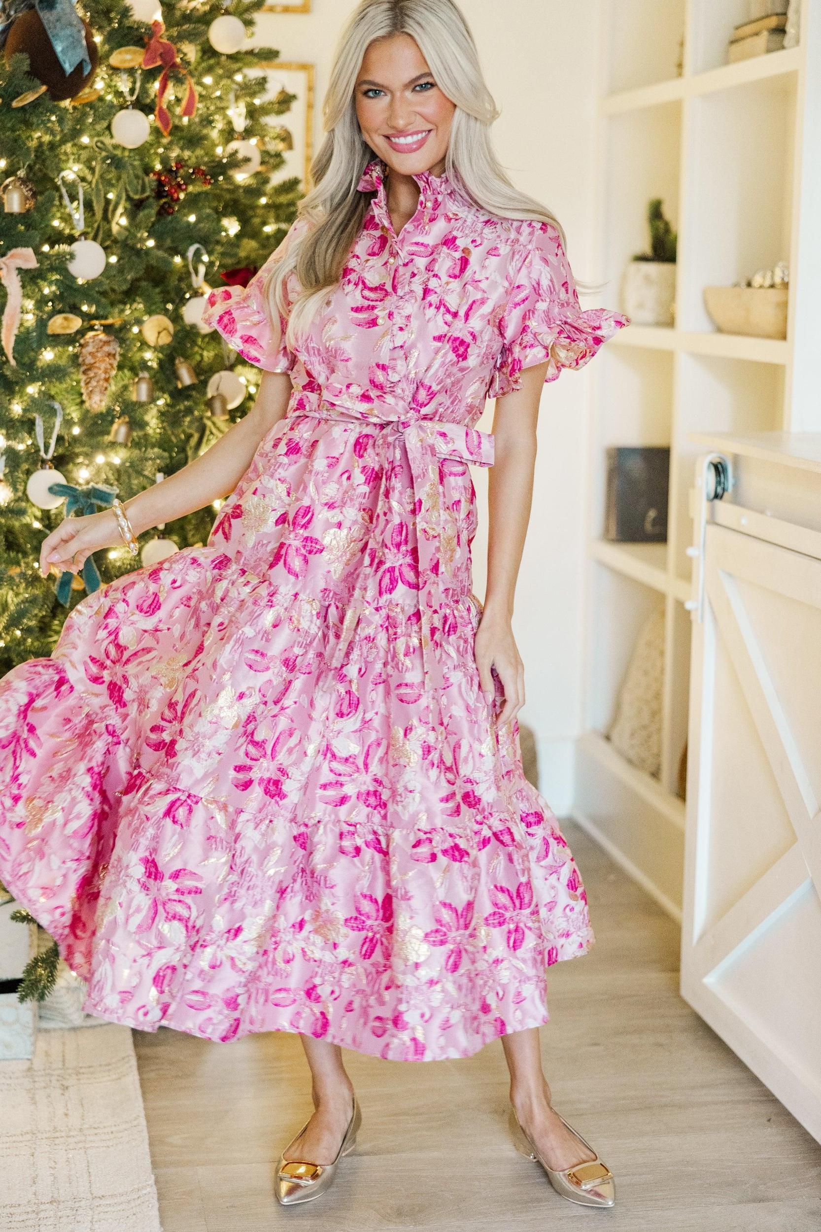 I'll Be There Fuchsia Pink Floral Brocade Midi Dress Female Product Image