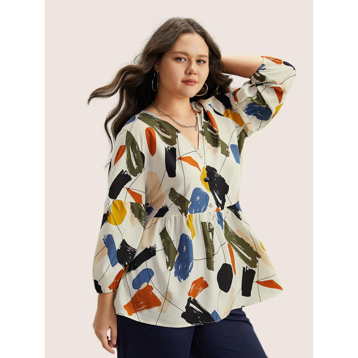 Plus Size Ivory Brush Print Button Detail Elastic Cuffs Blouse Women Casual Long Sleeve V-neck Everyday Blouses BloomChic 18-20/2X Product Image