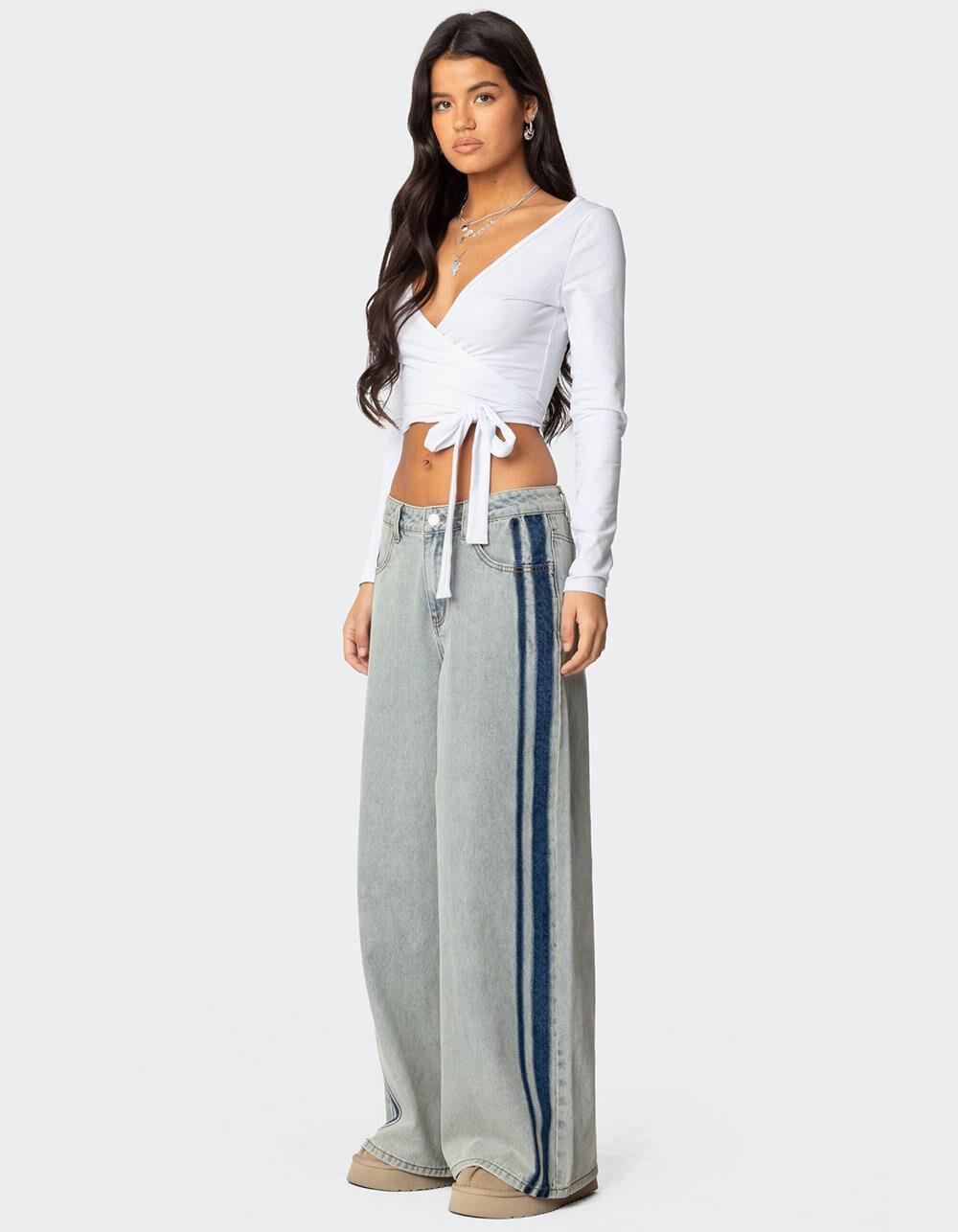 EDIKTED Side Stripe Washed Low Rise Jeans Product Image