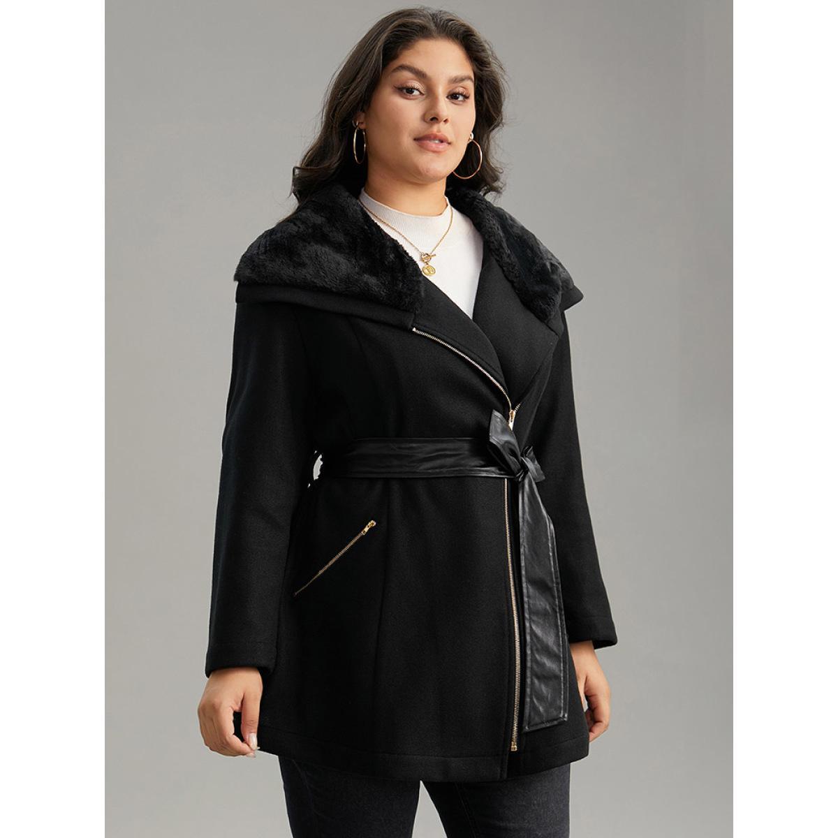 Plus Size Solid Zipper Belted PU Leather Knot Fuzzy Trim Coat Women Black Casual Plain Ladies Dailywear Winter Coats BloomChic 12/L Product Image