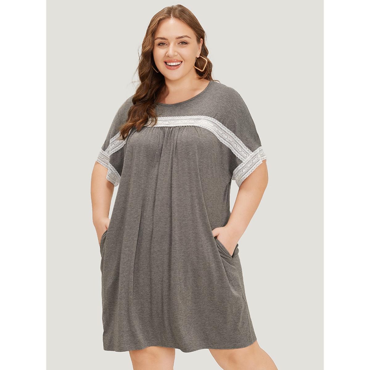 Plus Size Plain Lace Batwing Sleeve Pocket Gathered Dress DimGray Women Casual Gathered Round Neck Short sleeve Curvy Knee Dress BloomChic 10/M Product Image