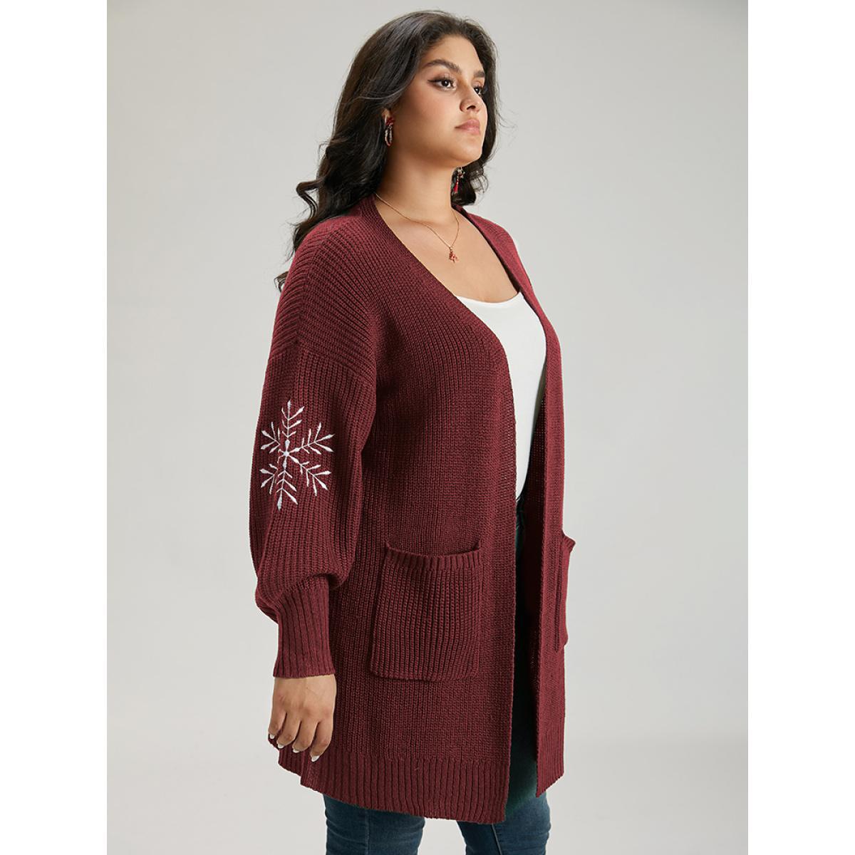 Plus Size Snowflake Embroidered Patched Pocket Cardigan Scarlet Women Casual Loose Long Sleeve Festival-Christmas Cardigans BloomChic 22-24/3X Product Image