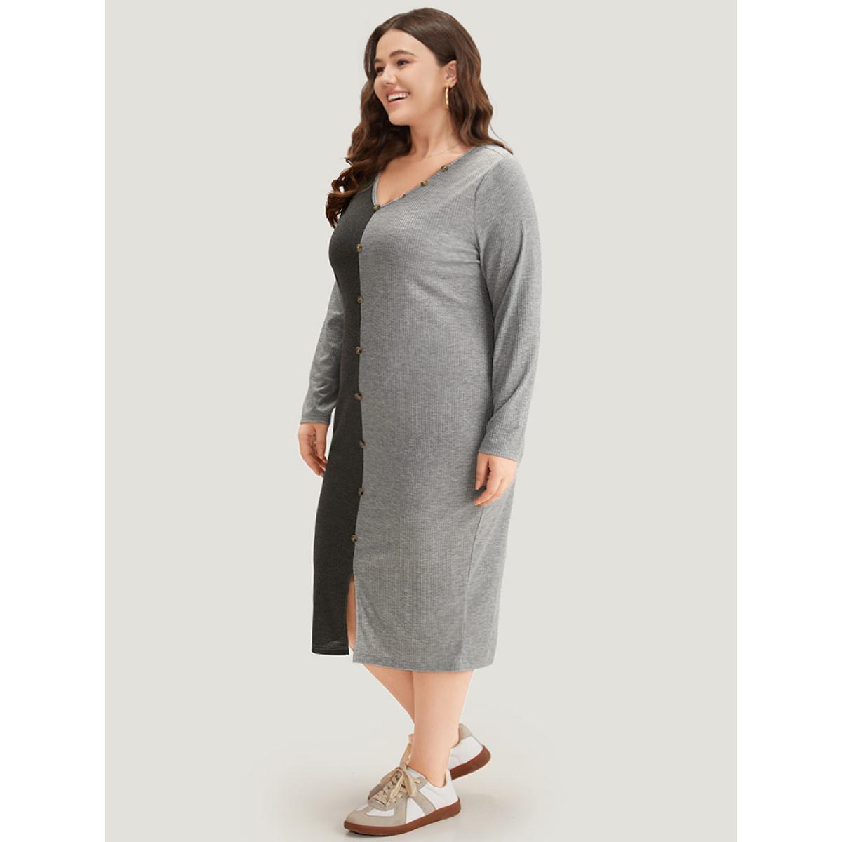 Plus Size Two Tone V Neck Button Detail Split Front Dress LightGray Women Casual Plain V-neck Half Sleeve Curvy Midi Dress BloomChic 18-20/2X Product Image