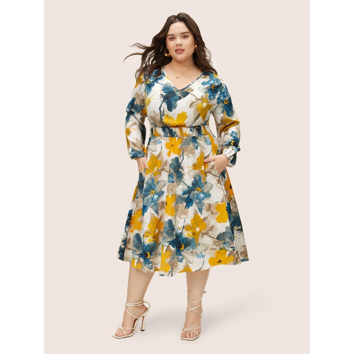 Plus Size Floral Print Pocket Shirred Elastic Waist Dress Multicolor Women Elegant Non V-neck Long Sleeve Curvy Midi Dress BloomChic 18-20/2X Product Image