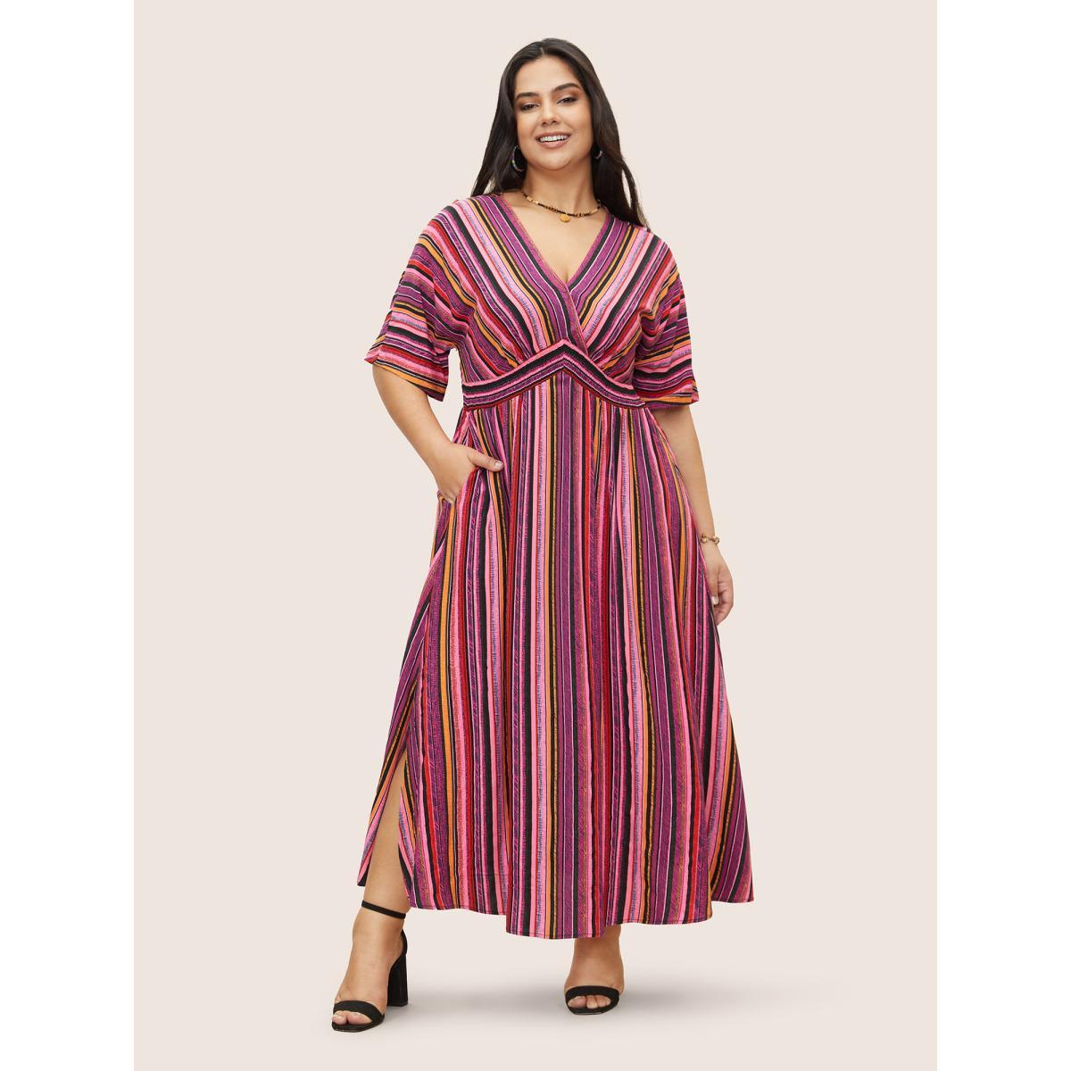 Plus Size Striped Contrast Dolman Sleeve Shirred Pocket Split Flutter Dress RedViolet Women Resort Non V-neck Half Sleeve Curvy BloomChic 18-20/2X Product Image