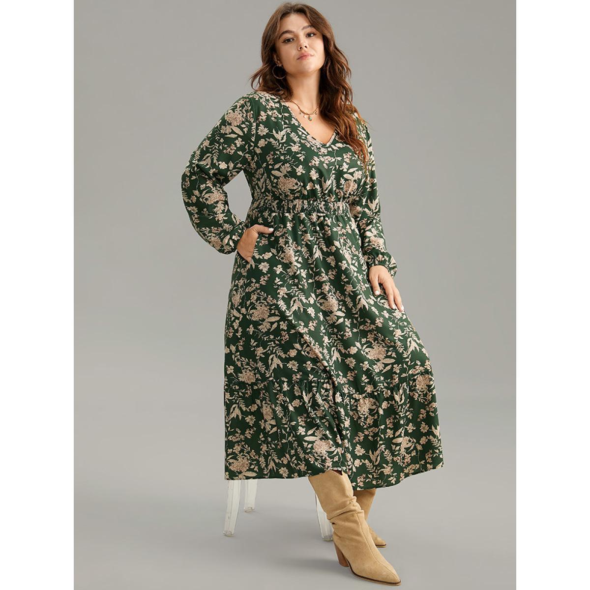Plus Size Floral Shirred Pocket Lantern Sleeve Dress DarkGreen Women Elegant Elastic cuffs V-neck Long Sleeve Curvy Midi Dress BloomChic 18-20/2X Product Image