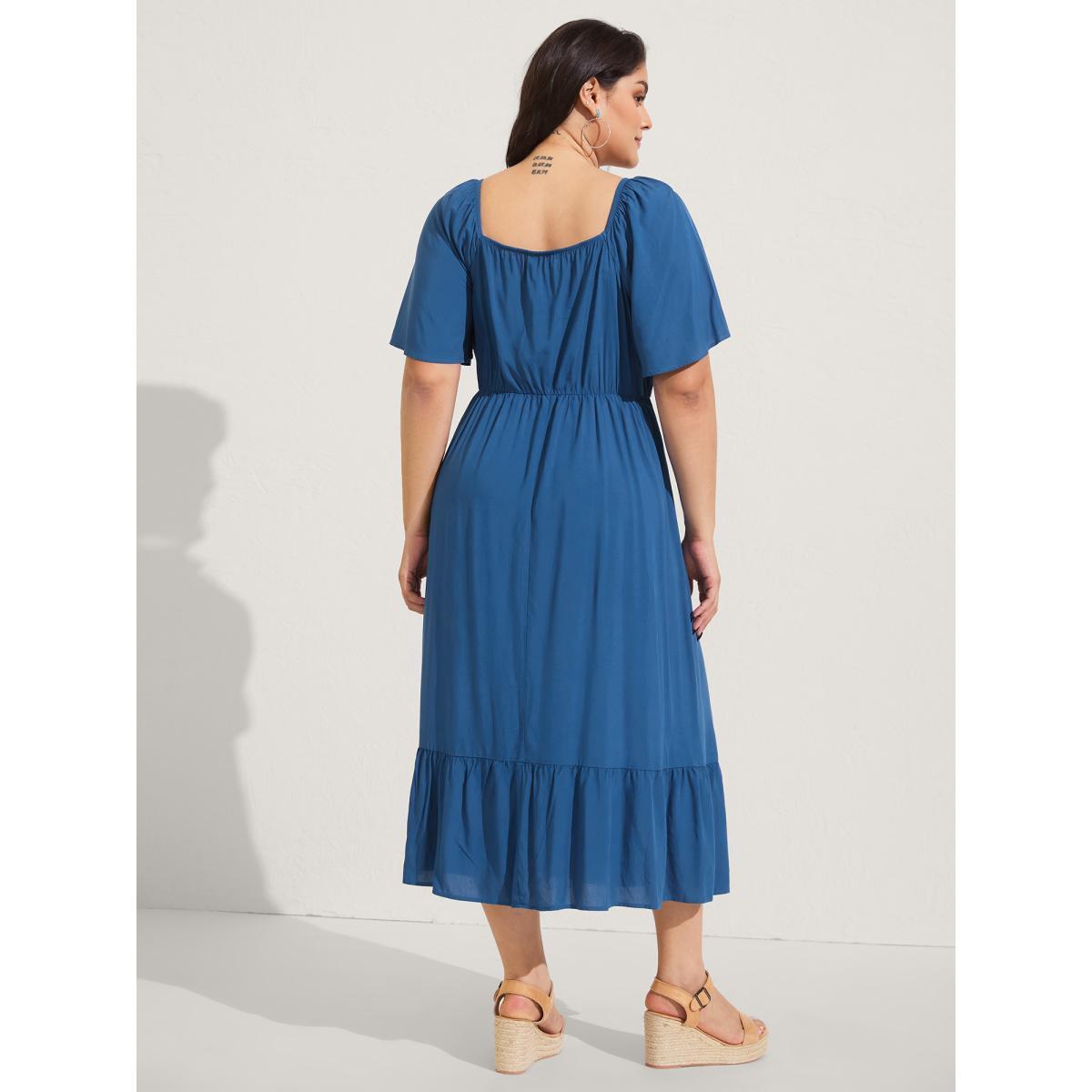 Plus Size Rayon Lace Pleated Tiered Midi Dress Mediumblue Women Square Neck Short sleeve Curvy BloomChic 12/L Product Image