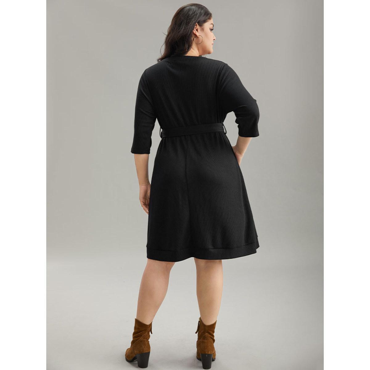 Plus Size Waffle Knit Button Detail Belted Dress Black Women Casual Plain V-neck Elbow-length sleeve Curvy Midi Dress BloomChic 22-24/3X Product Image