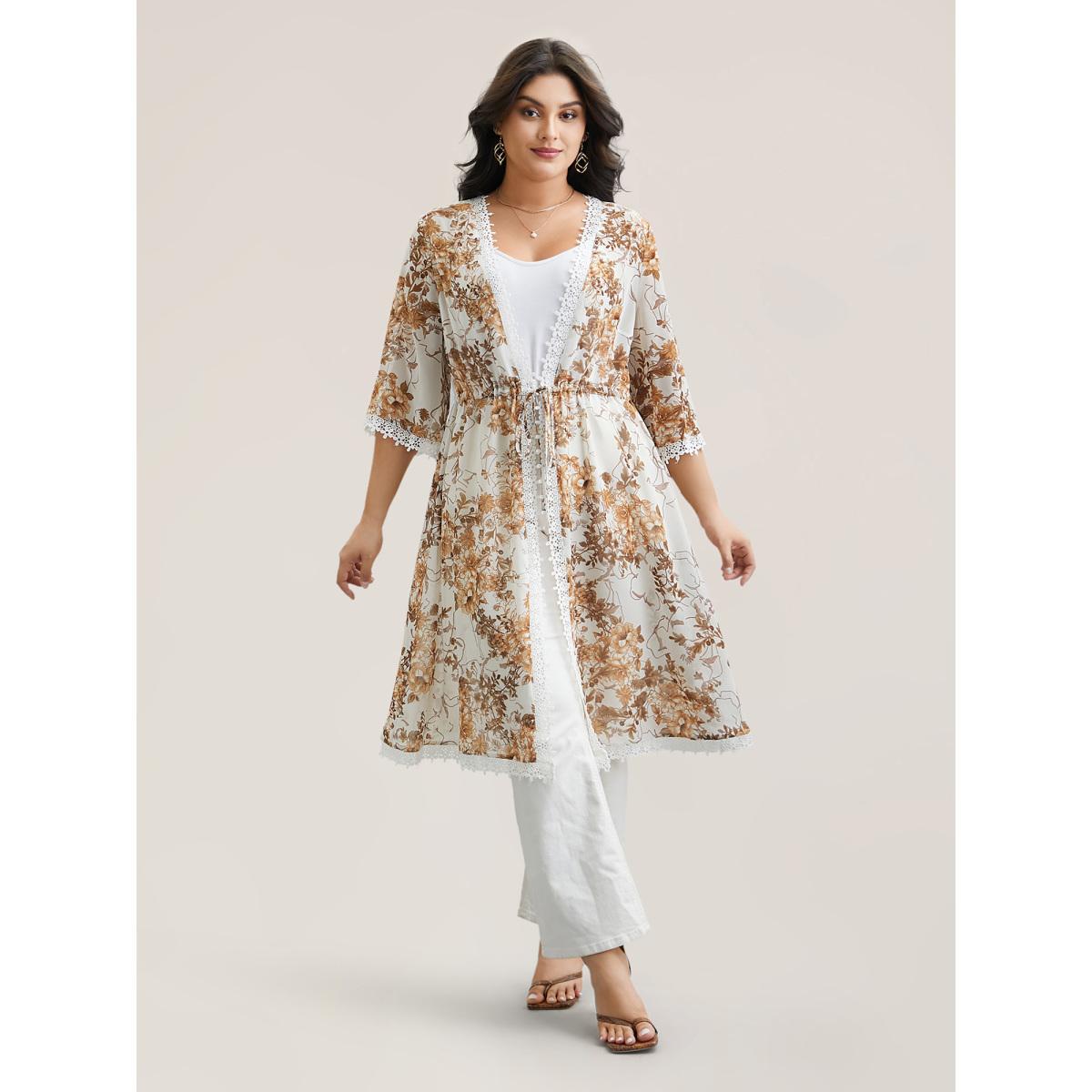 Plus Size Chiffon Floral Print Lace Open-Front Kimono Women Originalwhite Elegant Woven ribbon&lace trim Everyday Kimonos BloomChic 30/6X Product Image