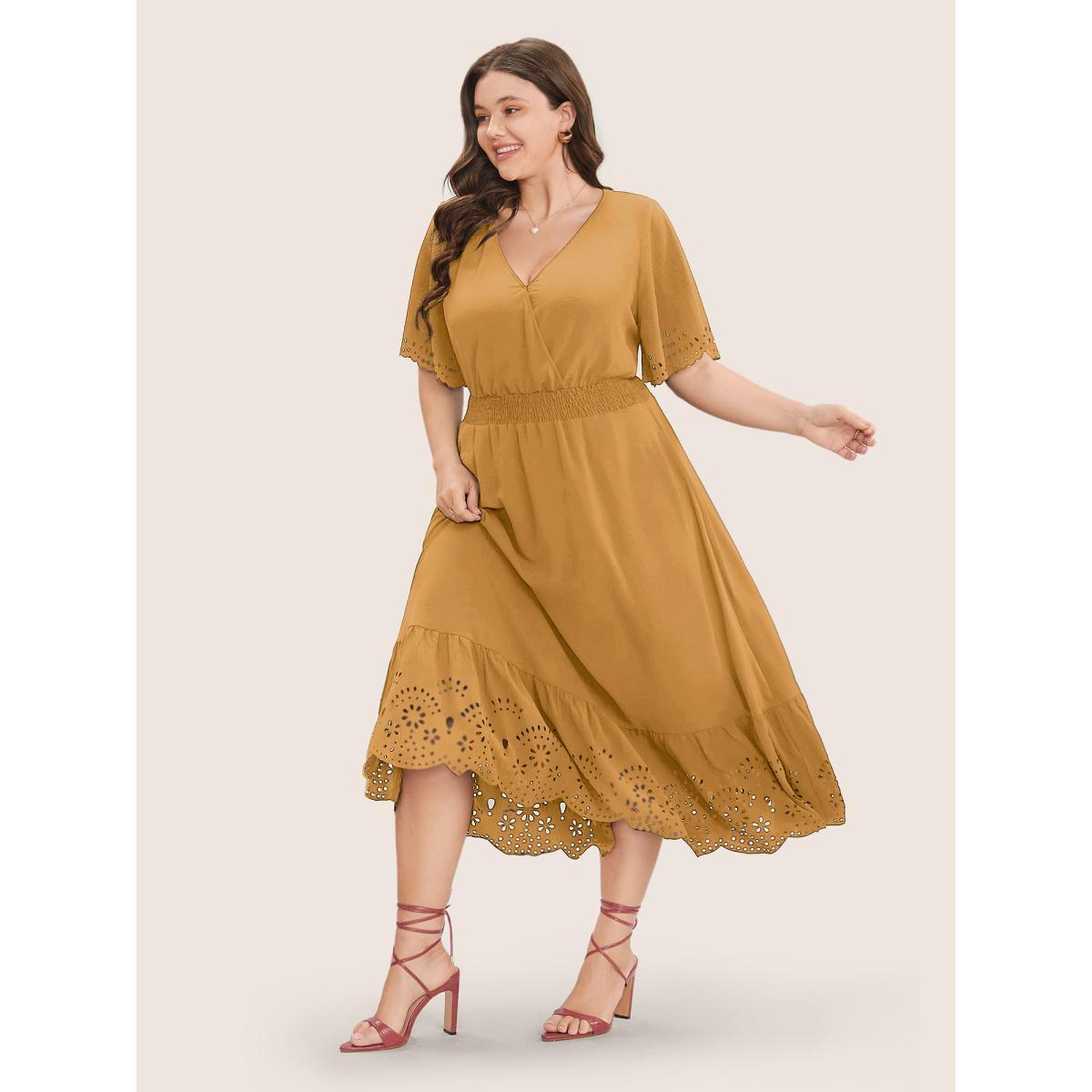 Plus Size Solid Laser Cut Shirred Pocket Wrap Scalloped Trim Flutter Dress Yellow Women Elegant Non V-neck Short sleeve Curvy Midi Dress BloomChic 10/M Product Image