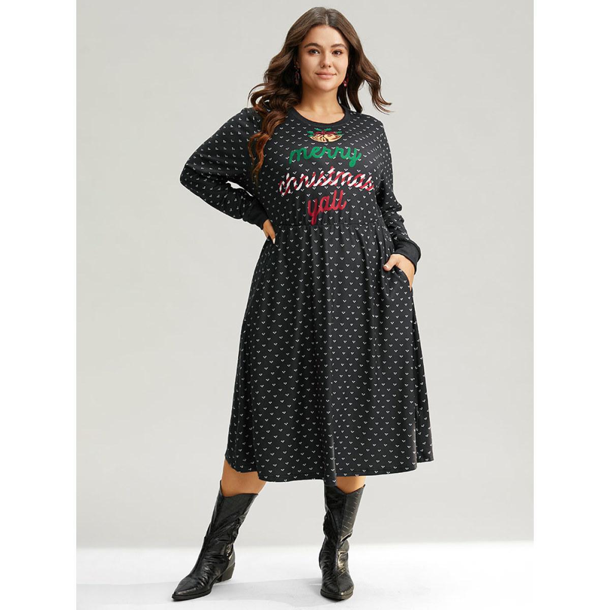 Plus Size Christmas Letter Print Pocket Elastic Waist Dress Black Women Casual Printed Round Neck Long Sleeve Curvy Midi Dress BloomChic 26/4X Product Image
