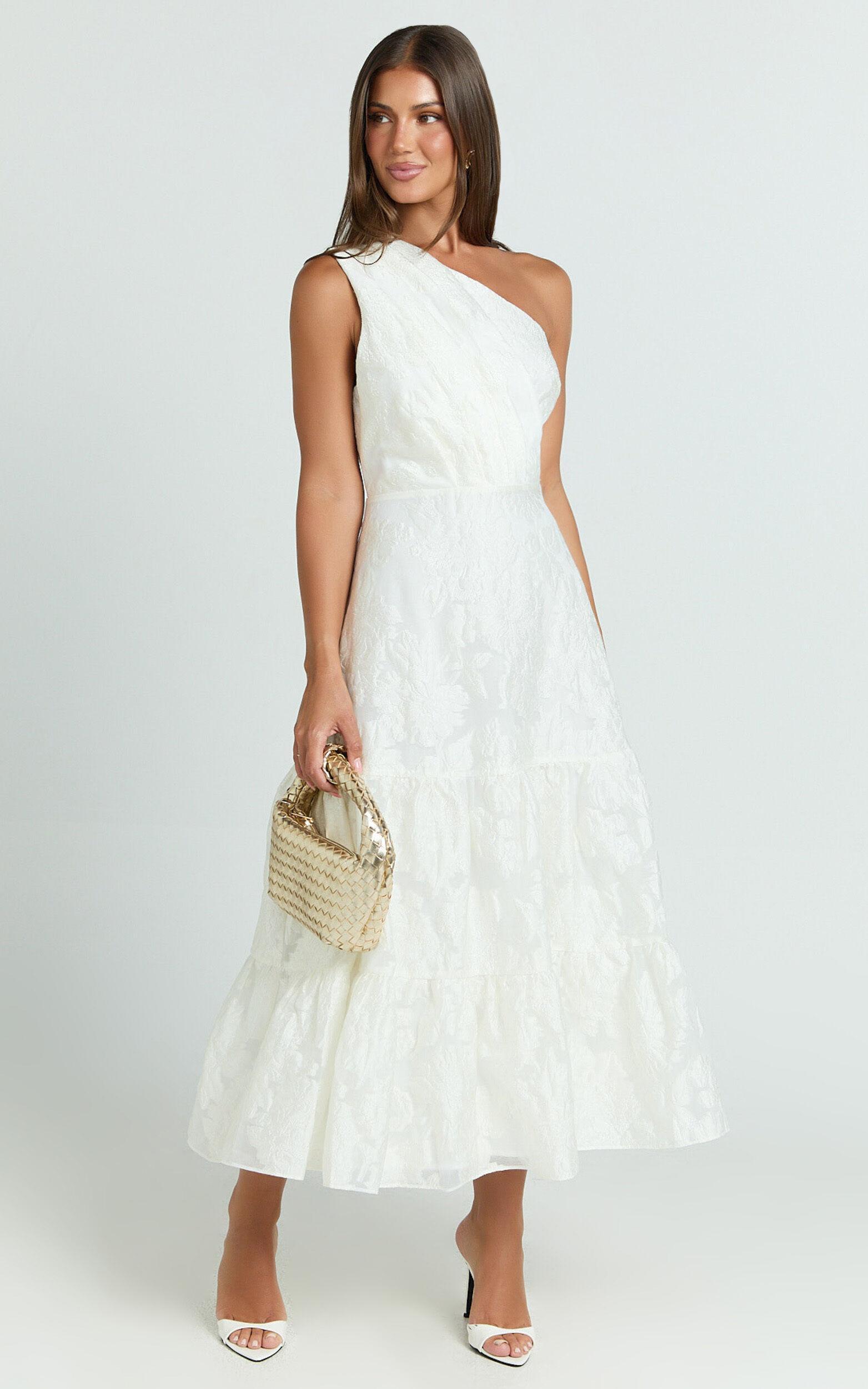 Nadette Midi Dress - One Shoulder Pleated Tiered Dress in White Product Image