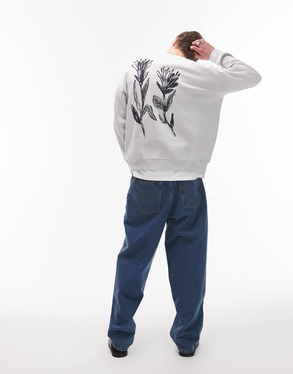 Topman oversized fit sweatshirt with front and back floral motif print in washed gray Product Image
