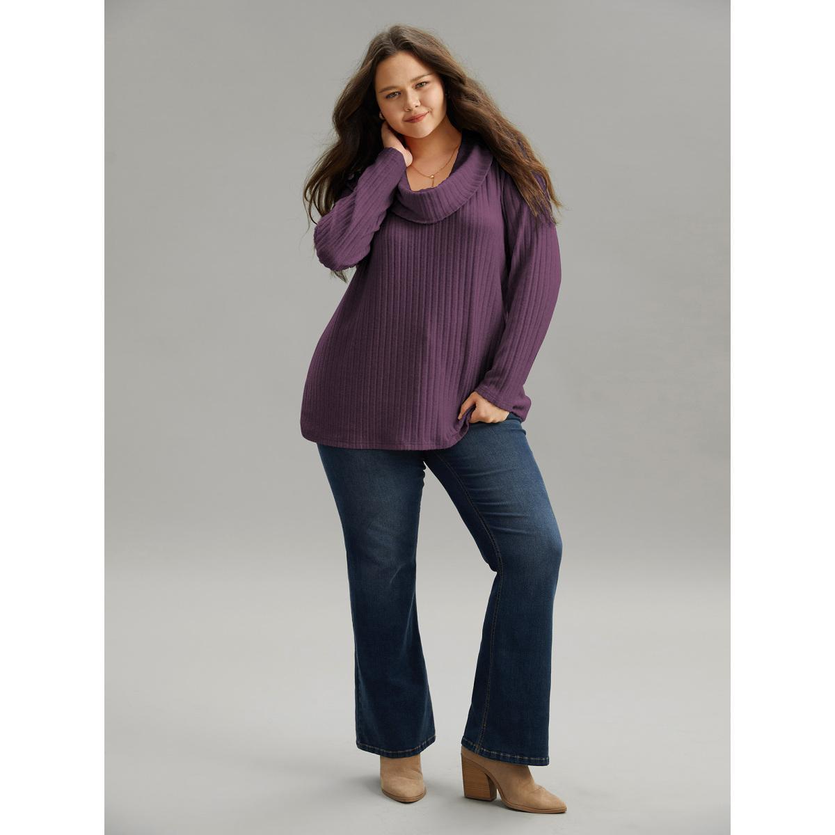 Plus Size Plain Rib Knit Cowl Neck T-shirt Eggplant Women Elegant Texture Plain Ruffled collar Dailywear T-shirts BloomChic 22-24/3X Product Image