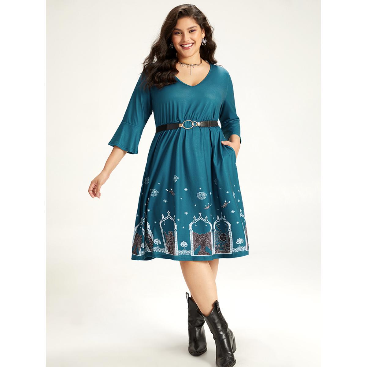 Plus Size Halloween Graphic Pocket Ruffle Trim Gathered Dress Emerald Women Casual Printed V-neck Elbow-length sleeve Curvy Midi Dress BloomChic 18-20/2X Product Image
