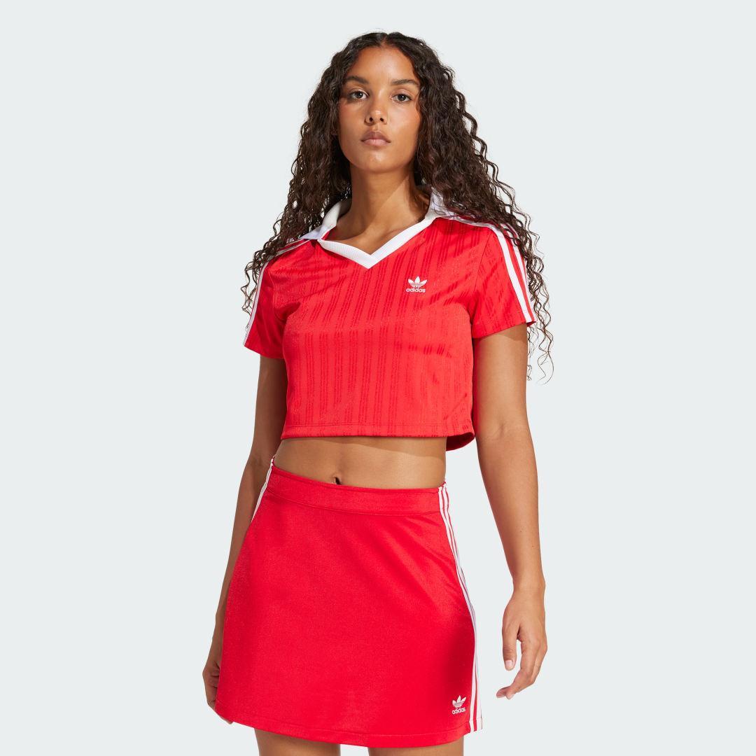 adidas Adicolor Football Jacquard V-Neck Crop Polo Shirt White XL Womens Product Image