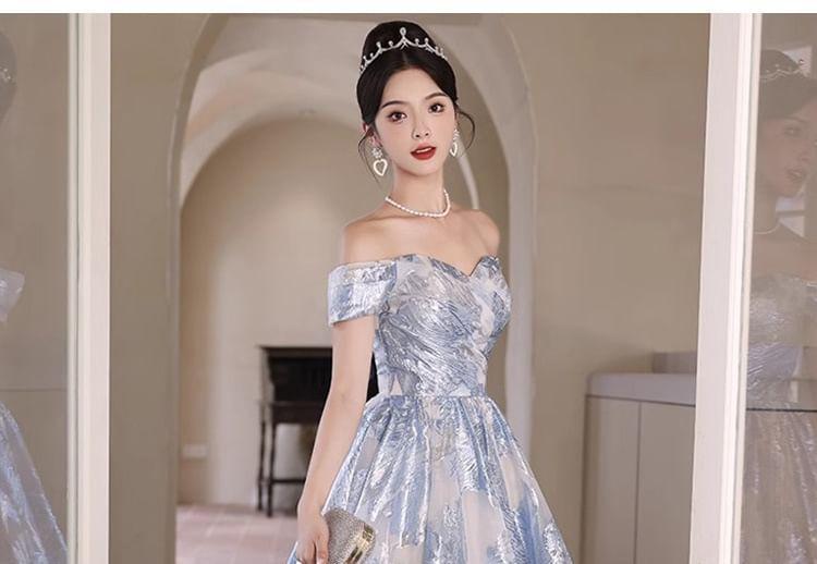 Short-Sleeve Off Shoulder Ruched Jacquard A-Line Evening Gown Product Image
