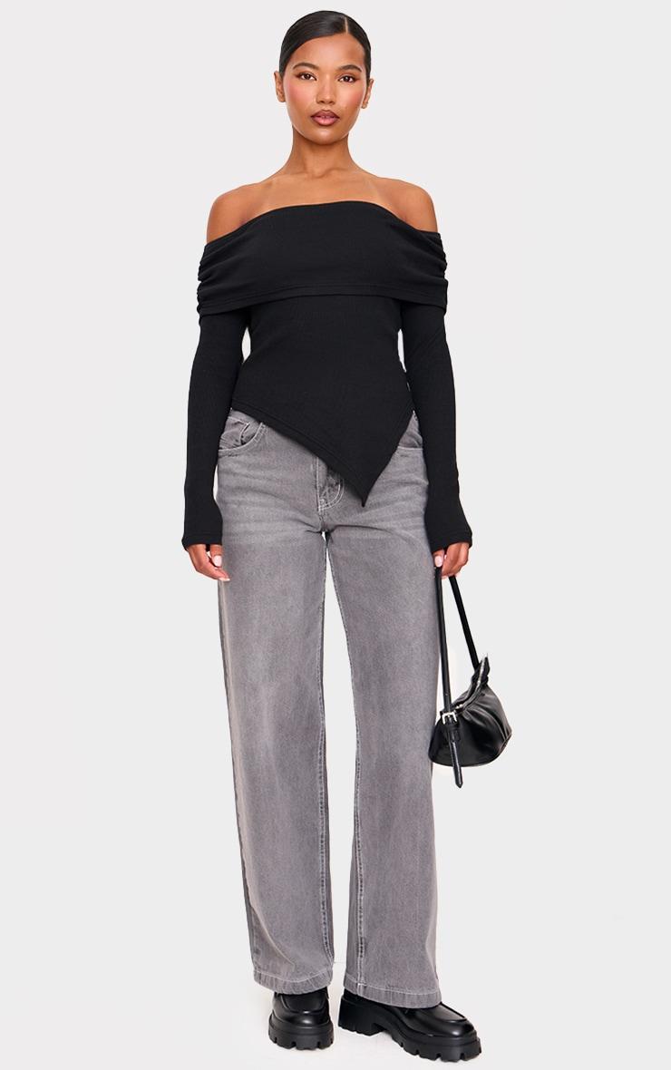 Black Fold Over Bardot Dipped Hem Long Top Product Image