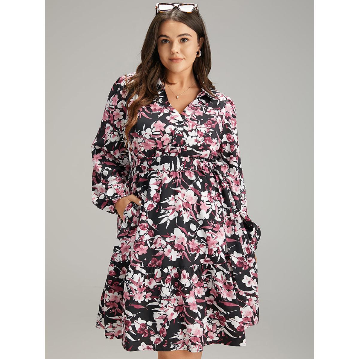 Plus Size Floral Print Belted Shirt Collar Dress Black Women Elegant Elastic cuffs V-neck Long Sleeve Curvy Knee Dress BloomChic 12/L Product Image