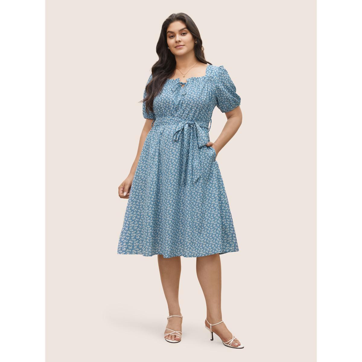 Plus Size Ditsy Floral Tie Neck Frill Trim Belted Dress Cerulean Women Elegant Non V-neck Short sleeve Curvy Midi Dress BloomChic 10/M Product Image