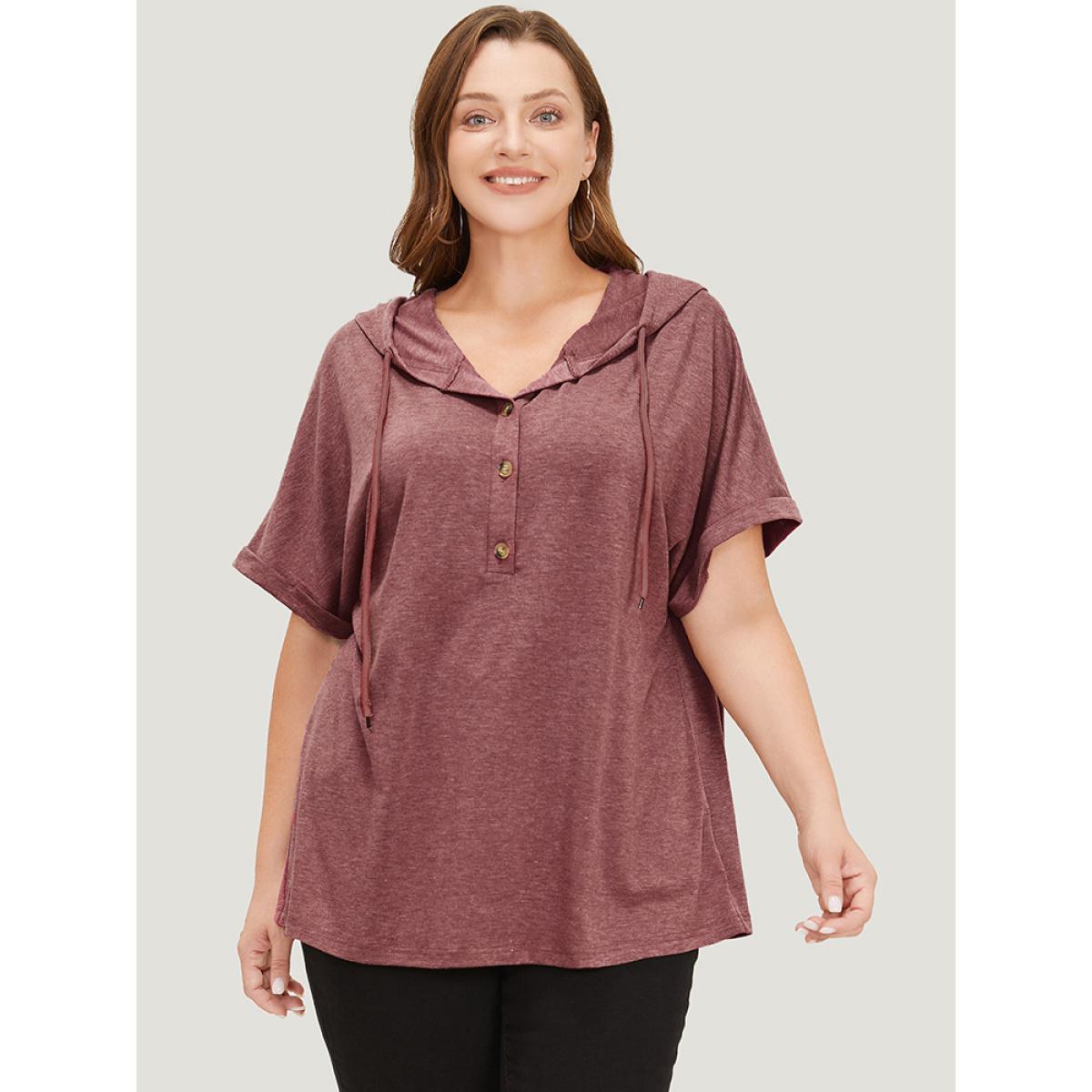 Plus Size Plain Drawstring Roll Sleeve Button Up Hooded T-shirt Russet Women Casual Drawstring Plain Hooded Everyday T-shirts BloomChic 22-24/3X Product Image