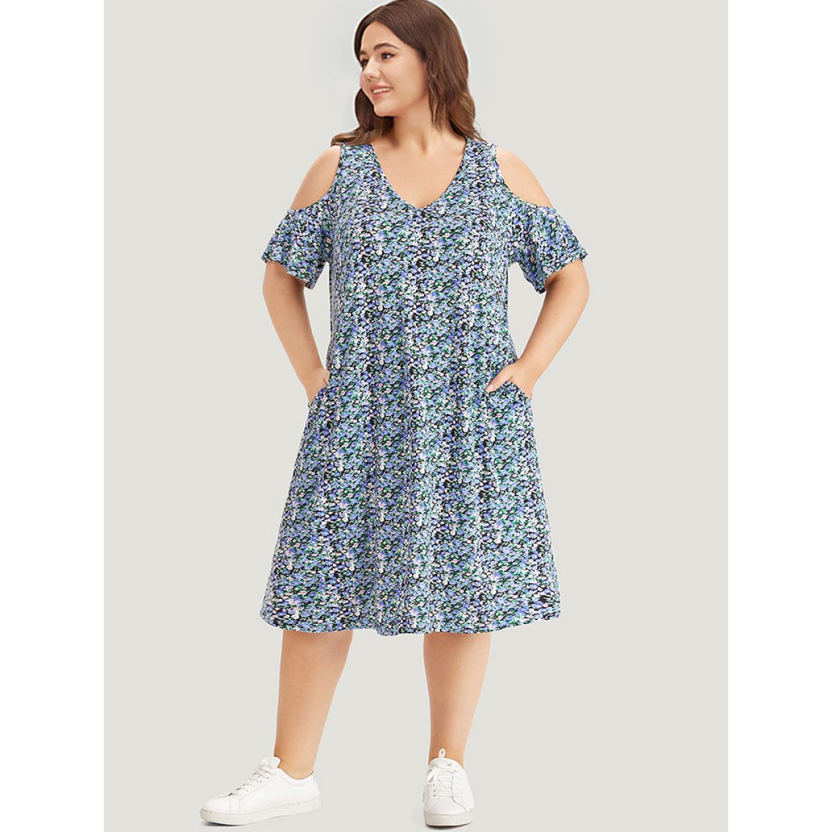 Plus Size Ditsy Floral Pocket Cold Shoulder Dress Blue Women Casual Cut-Out V-neck Short sleeve Curvy Midi Dress BloomChic 22-24/3X Product Image