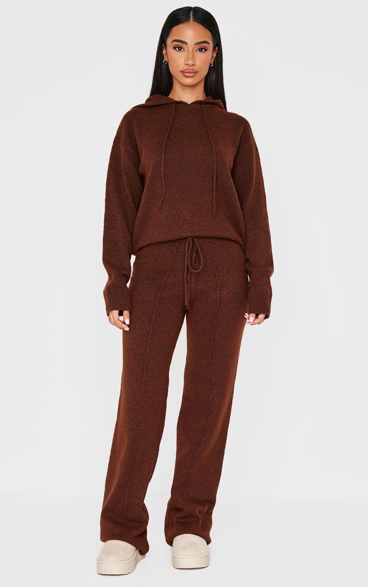 Petite Chocolate Knitted Seam Detail Wide Leg Pants Product Image