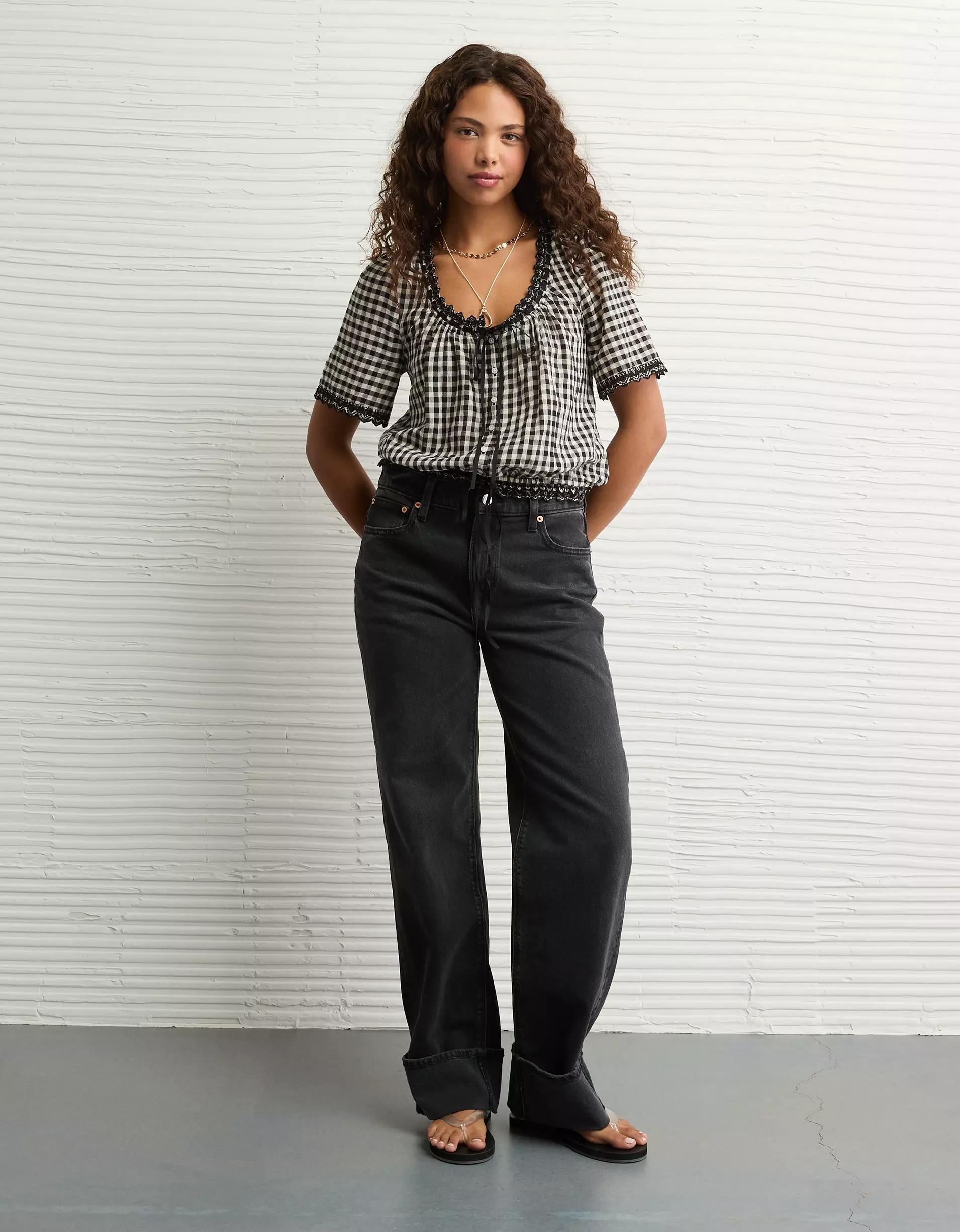AE Short-Sleeve Gingham Button-Up Blouse Product Image