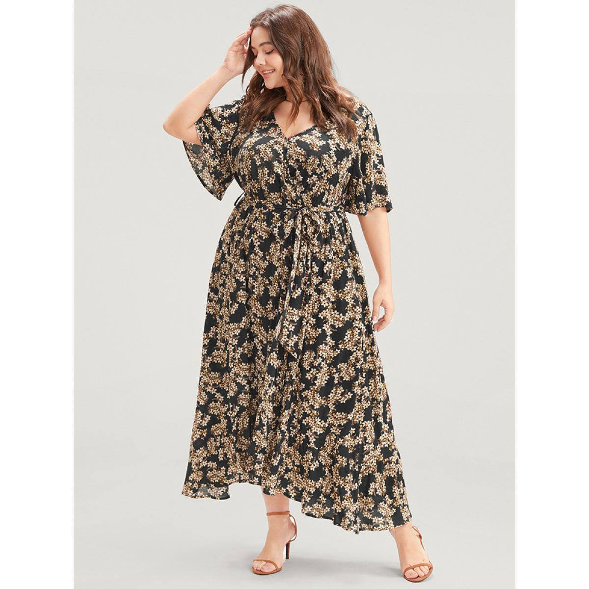 Plus Size Floral Print Wrap Ruffles Pocket Belted Asymmetrical Hem Dress Black Women Elegant Pocket V-neck Short sleeve Curvy Midi Dress BloomChic 26/4X Product Image