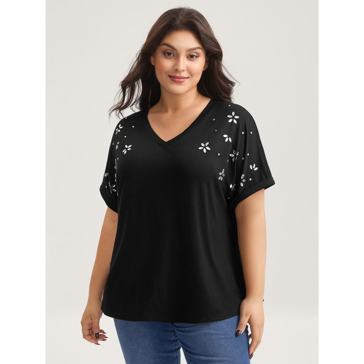 Plus Size Supersoft Stretchy Zirconia Design T-Shirt Black Women Rhinestone detailing V-neck Everyday-Casual T-shirts BloomChic 10/M Product Image