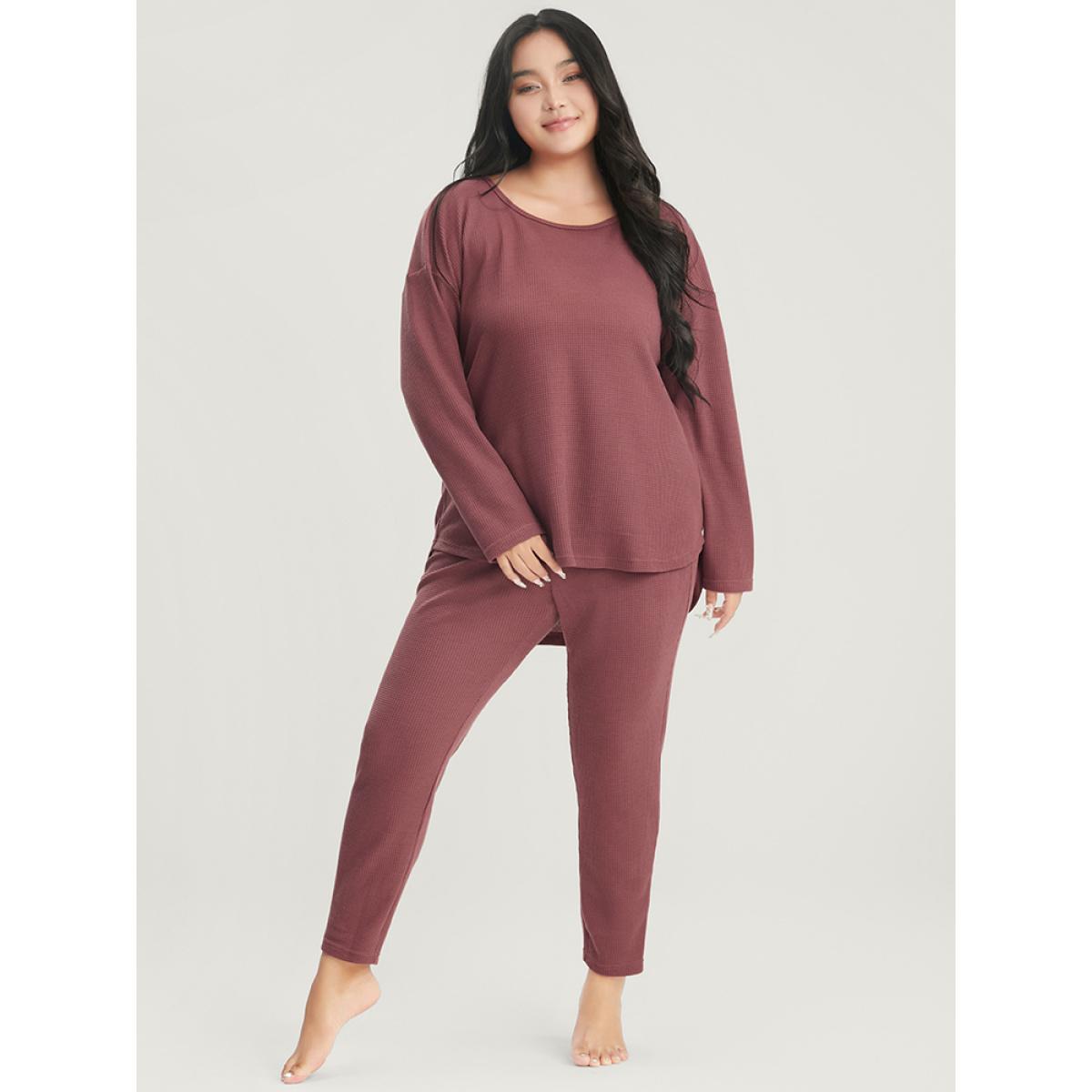 Plus Size Solid Asymmetrical Hem Waffle Knit Pajama Set Women Russet Plain Elastic Waist Long Sleeve Round Neck Casual Loungewear Sets BloomChic 28/5X Product Image
