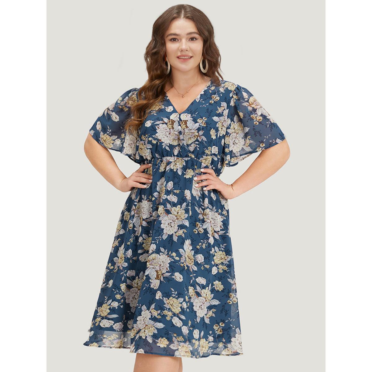Plus Size Floral Print Surplice Neck Flutter Sleeve Dress Stone Women Elegant Gathered V-neck Short sleeve Curvy Midi Dress BloomChic 14-16/1X Product Image