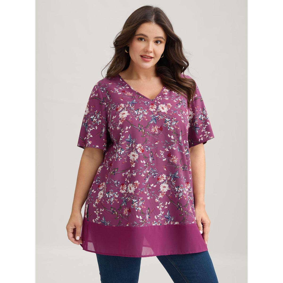 Plus Size Deeppurplered Garden Print Spliced V-Neck Blouse Women Elegant Short sleeve V-neck Everyday Blouses BloomChic 12/L Product Image