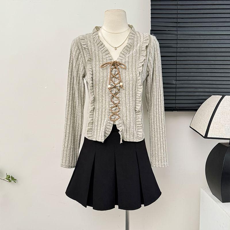 Ruffle-Trim V-Neck Lace-Up Knit Crop Top Product Image