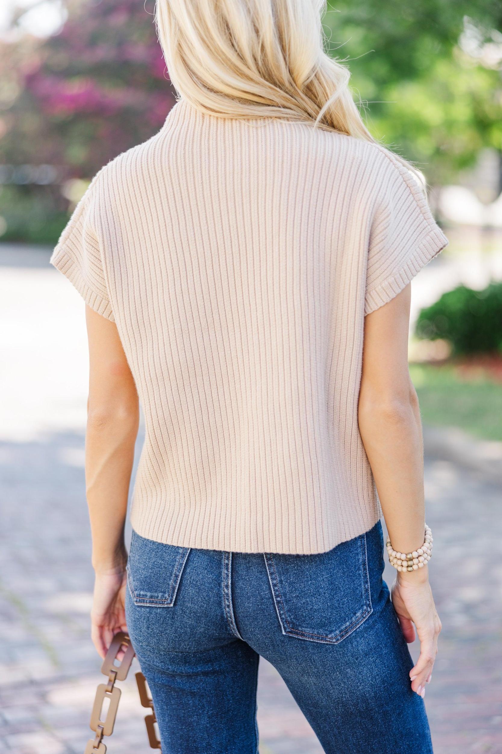 Open Your Mind Taupe Brown Short Sleeve Sweater Female Product Image